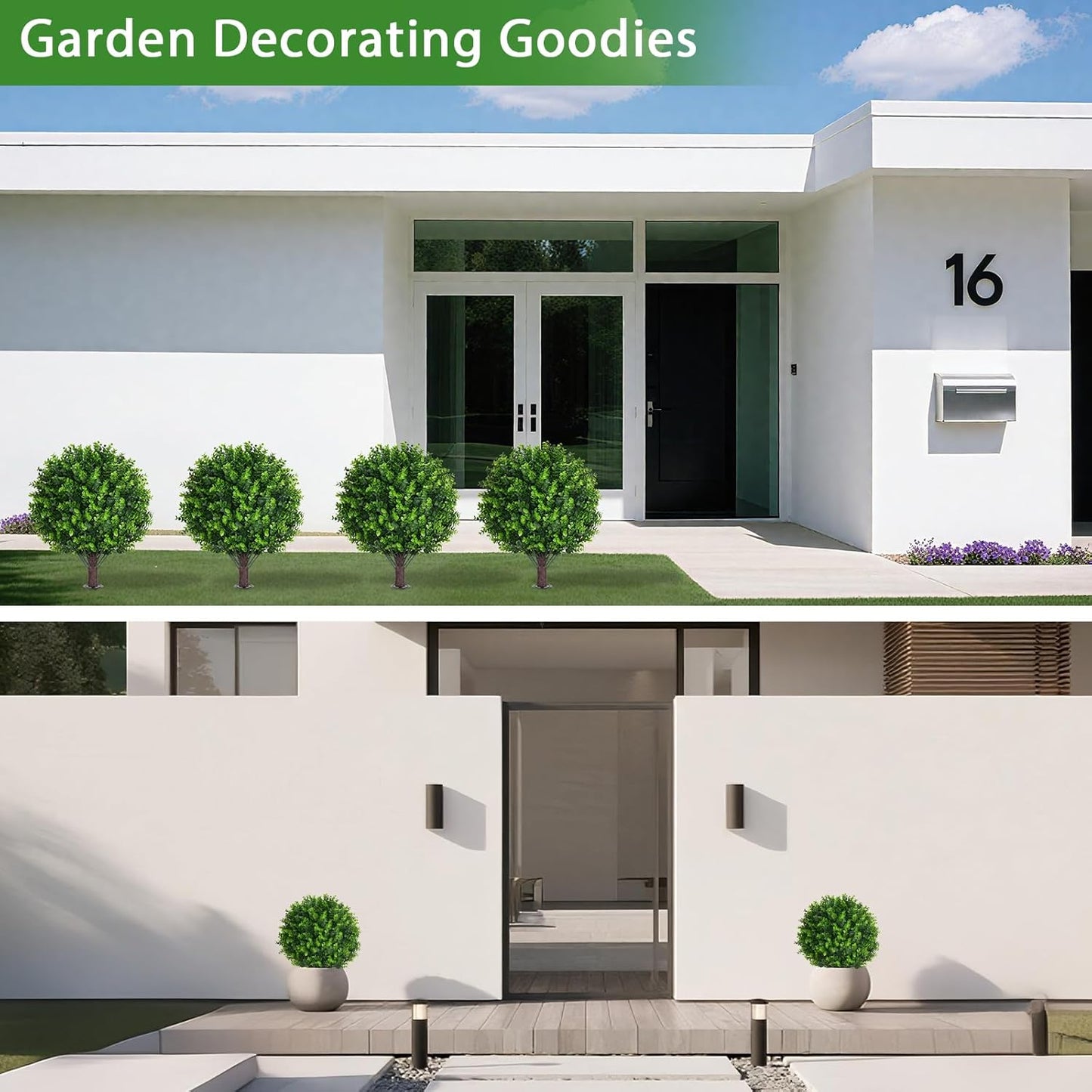 Artificial Eucalyptus Topiary Ball Trees with Ground Spike, Set of 2 UV Resistant Artificial Shrubs, Fake Evergreen Artificial Plant Bushes for Indoor Outdoor Front Porch Garden