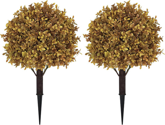 24" Tall Artificial Boxwood Ball Fall Topiary Trees Set of 2, UV Resistant Large Faux Plants Outdoor, 2ft Fake Bushes and Shrubs Look Real with Stake for Front Porch Outside Planter Backyard Decor