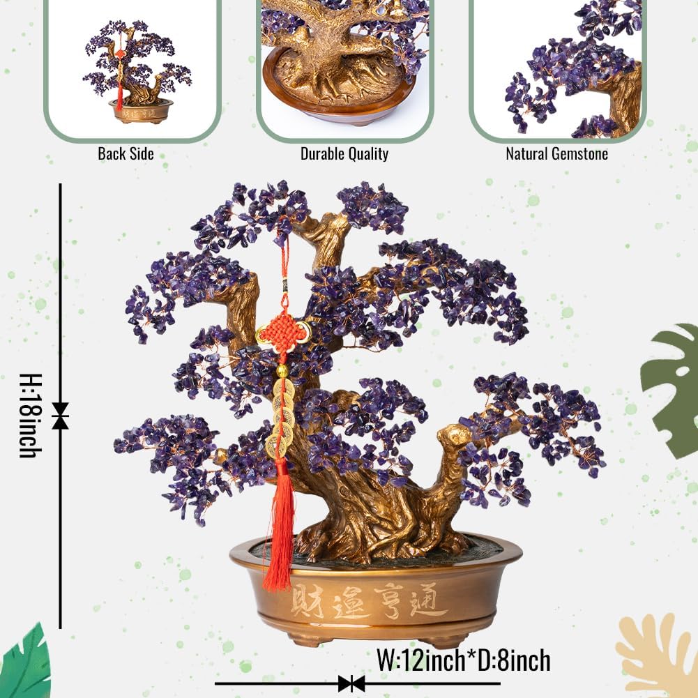 Natural Amethyst Gemstone Crystal Bonsai Tree of Life （1,350 Gemstone Count） Large Feng Shui Money Chakra Tree for Luck and Wealth Desk Decoration 20 Inches