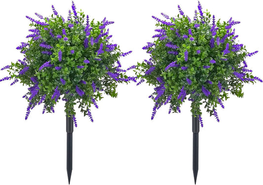 23.6" Artificial Lavender Topiary Ball Trees with Ground Spike, 2 Pack Faux Potted Plants with UV Resistant Purple Flowers for Indoor Outdoor Home Garden Patio Porch Decoration