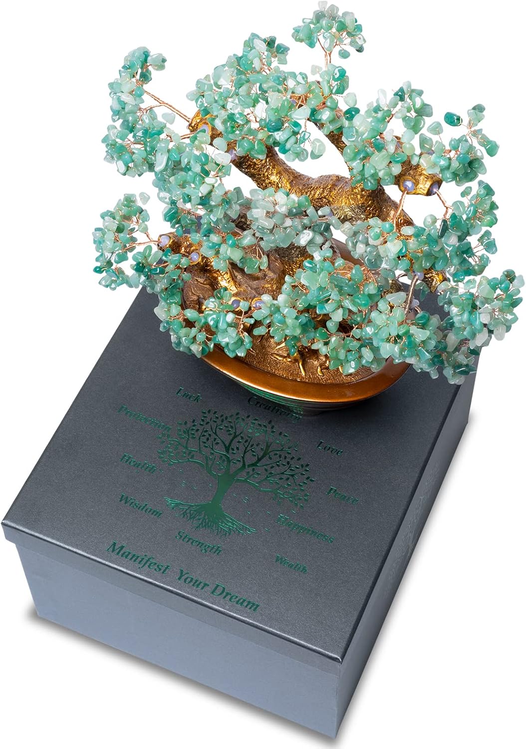 Natural Aventurine (1,251 Gemstone Count) Chakra Crystal Tree with Healing Properties - Home & Office Bonsai Feng Shui Money Tree Decoration for Luck, Success and Intelligence - 14"