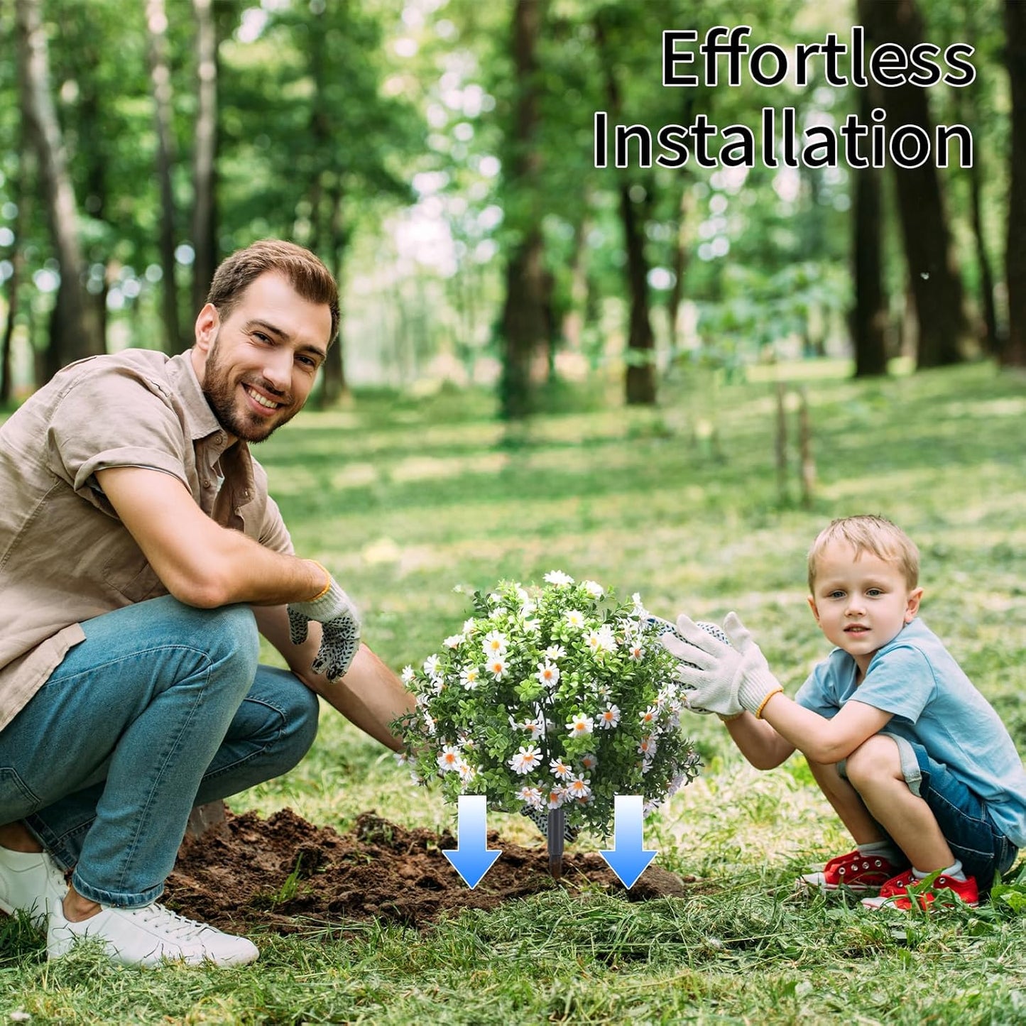 23.6" Artificial Boxwood Topiary Ball Trees with White Flowers, Set of 2 UV Resistant No Fade Outdoor Faux Plants with Ground Spike, Fake Shrubs for Garden, Patio, Porch, Yard, Indoor Decor