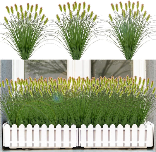 Artificial Grass Plants Outdoor 24 Bunches Fake Onion Grasses with Plush Fake Shrubs Plant Flowers Faux Greenery Wheat Sea Grass for Outside Garden Indoor House Home Office Room Décor (Green & Red）