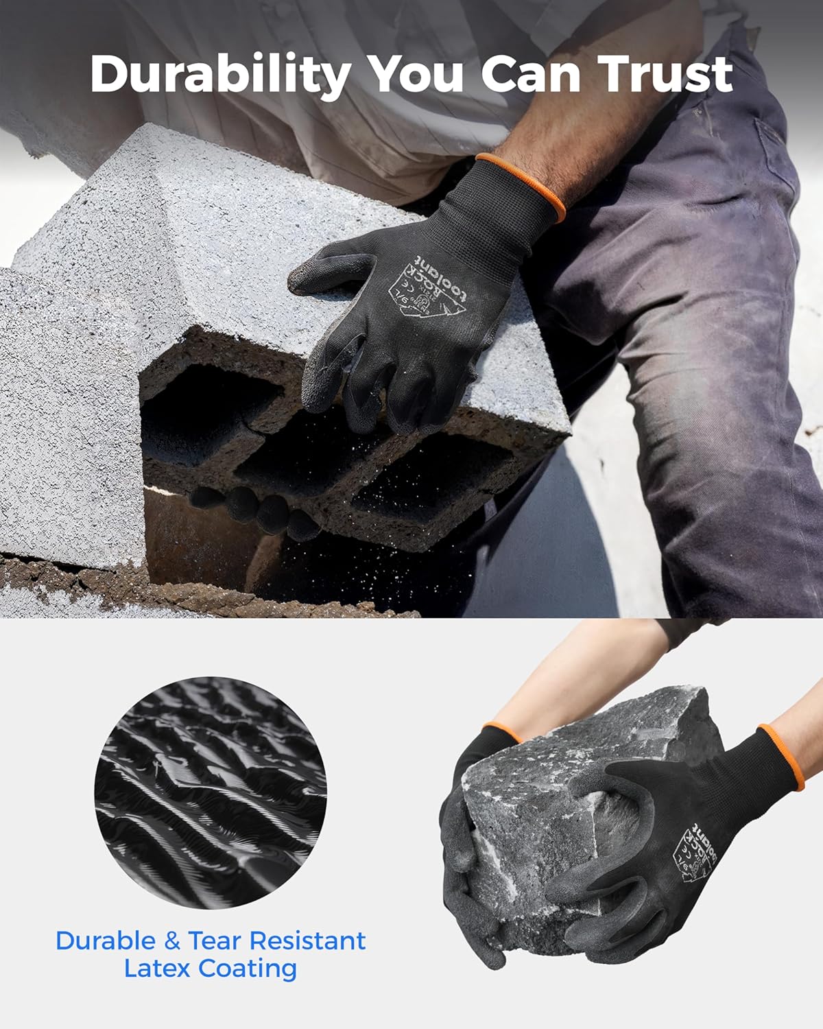 toolant Crinkle Latex Work Gloves Bulk, Rubber Coated Safety Work Gloves for Men and Women, 12 Pairs for Construction, Gardening, Warehouse (Gray, Large)