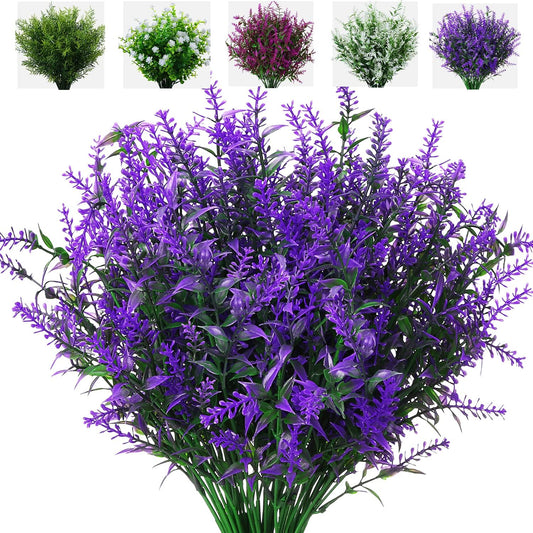 8 Pack Artificial Plants Flowers Grass Shrubs Lavender No Fade Faux Plastic Flowers Outdoor for Farmhouse Garden Porch Patio Indoor Wedding Decoration Greenery Fake Plants uv Resistant